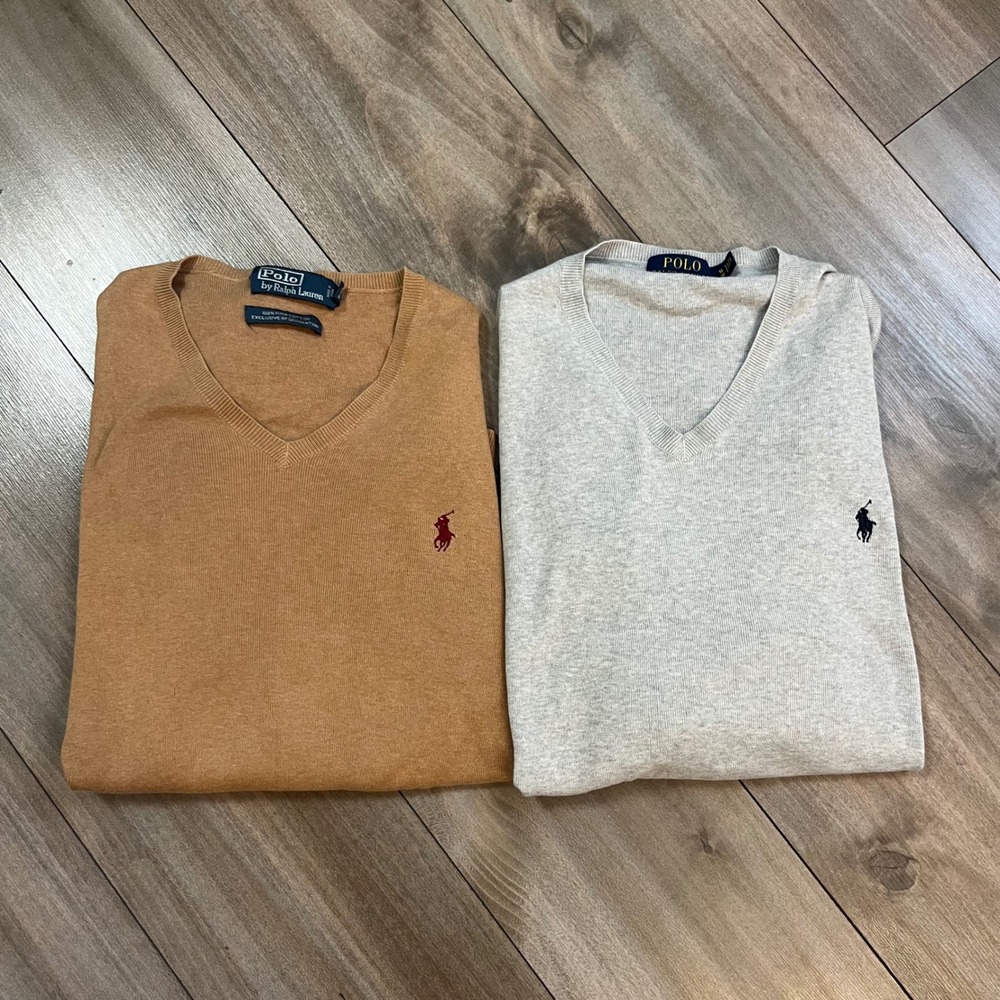 Lot of 2 Polo Ralph Lauren V-Neck Sweaters Men Medium Pima Cotton Tan Grey L-201